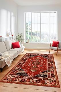 Etnik Klasik Desenli Dijital Baskılı Kaymaz Taban Yıkanabilir Yolluk Salon Halısı ETNİK-07, Kırmızı, 40 x 60