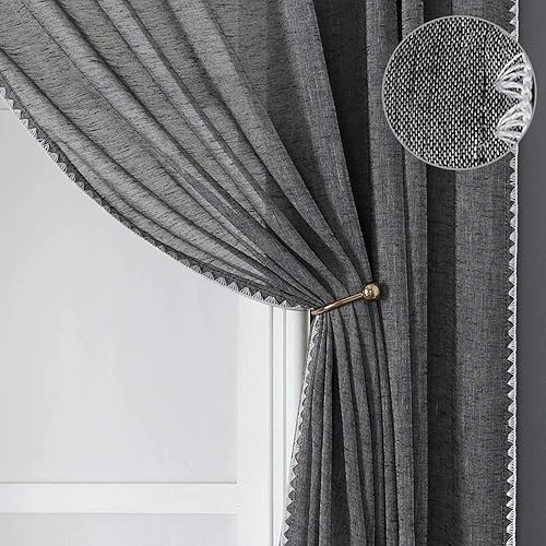 Cortinas de granja con bordes, cortinas transparentes de lino texturizado natural con ojales en la parte superior, cortinas bordadas, cortinas