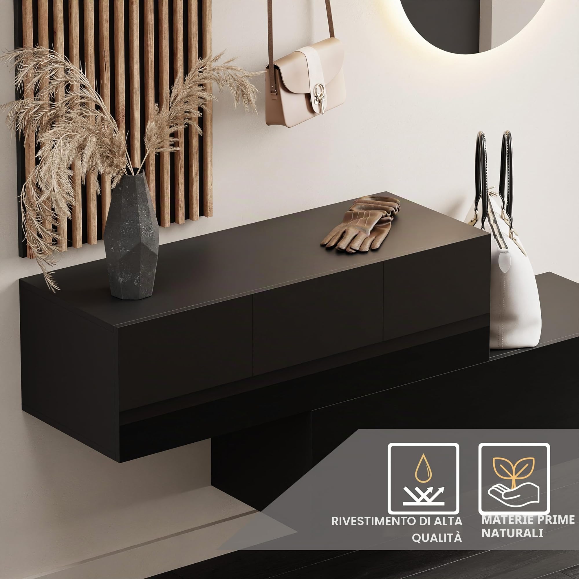 Planetmöbel - Mobile da ingresso, 2 x 100 cm, nero. pannello da parete 50 cm, rovere dorato/antracite, specchio da 50 cm (senza LED), 32,5 x 100 x 37,8 cm (A x L x P)