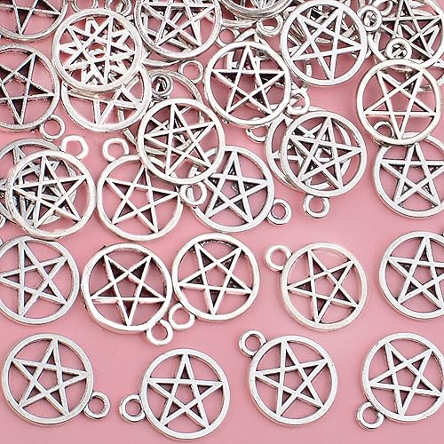 Miniatura 4 de Aylifu 50 dijes de pentagrama vintage redondos de pentagrama con estrella de pentáculo, accesorio para hacer joyas para collares, pulseras, aretes,