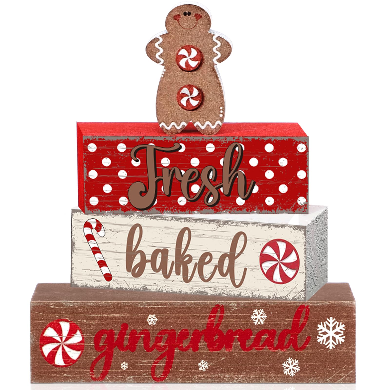 Geelin 4 Pcs Wooden Christmas Tabletop Decor Gingerbread Man Tiered Tray Decor Christmas Centerpiece Rustic Decorative Block Signs Gift Farmhouse Table Decoration for Home Kitchen