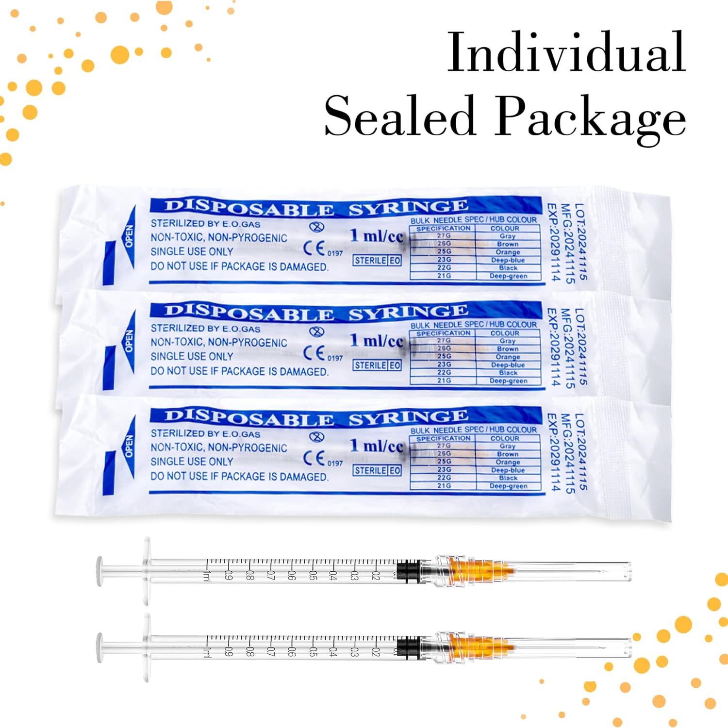 1ml Luer Lock Lab Syringe and 25 Guage 1Inch(25mm) for Liquid Measurement, Individually Sealed Packed