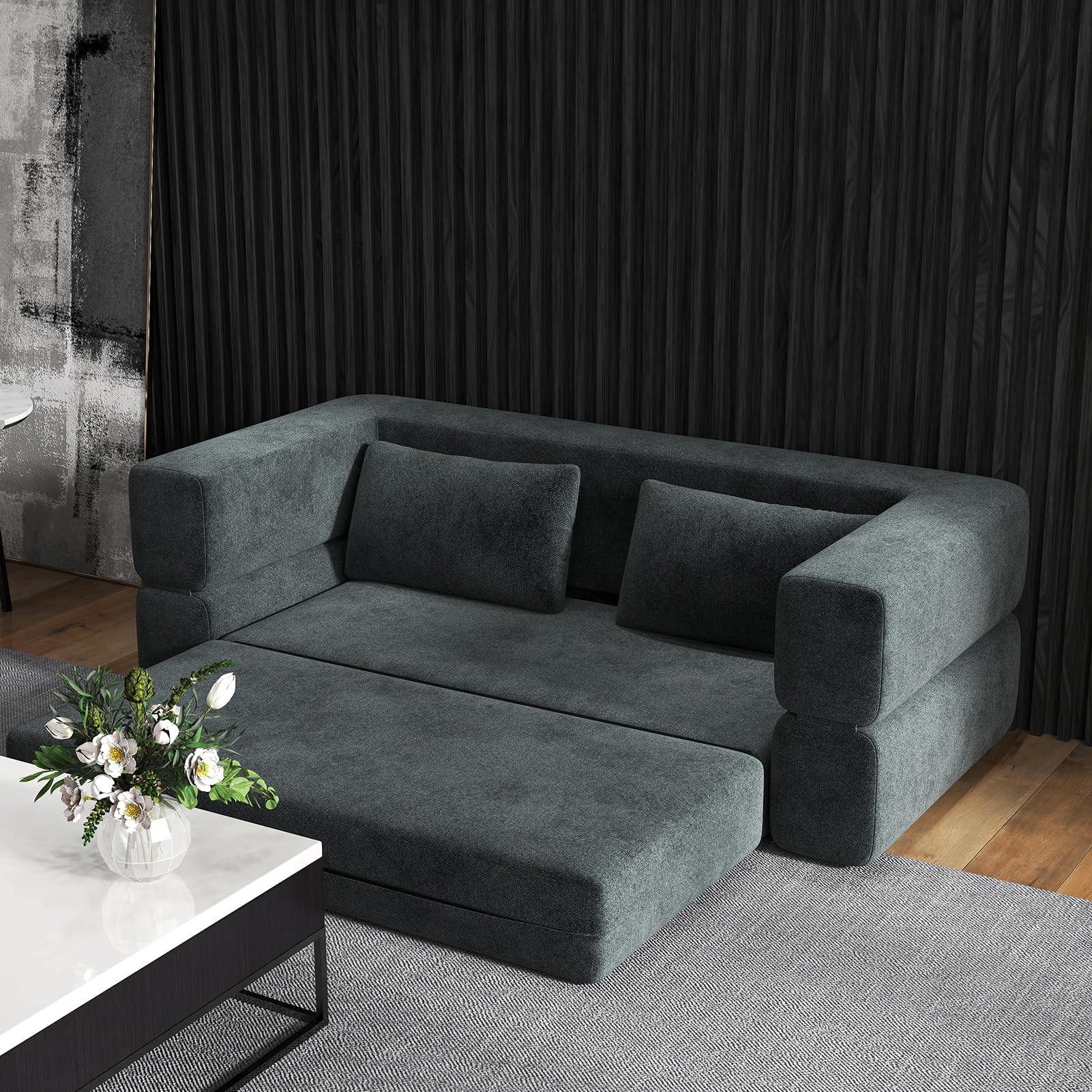HAUSPROFI 3 in 1 Boneless Couch, Bodensofa Bed, Klappbares Sofa mit Schlaffunktion 2 Sitzer Chenille Schlafsesse für Schlafzimmer, Wohnzimmer und kleine Räume (Dunkelgrau)