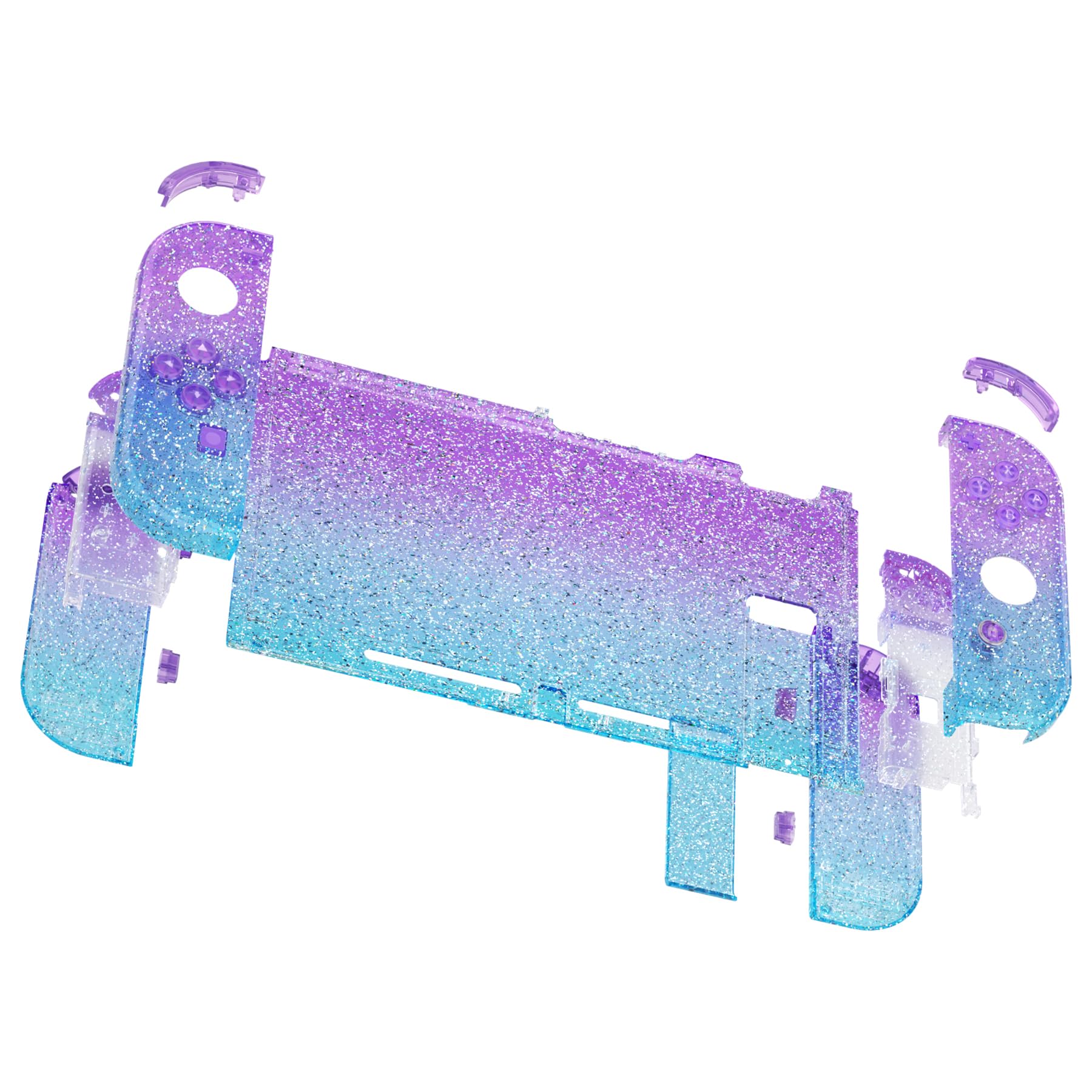 eXtremeRate Custodia Tasti Ricambio per Nintendo Switch,Cover Scocca Pulsanti Kit DIY per Joycon,Senza Controller e Console-Trasparente Glitterato Viola Ciano