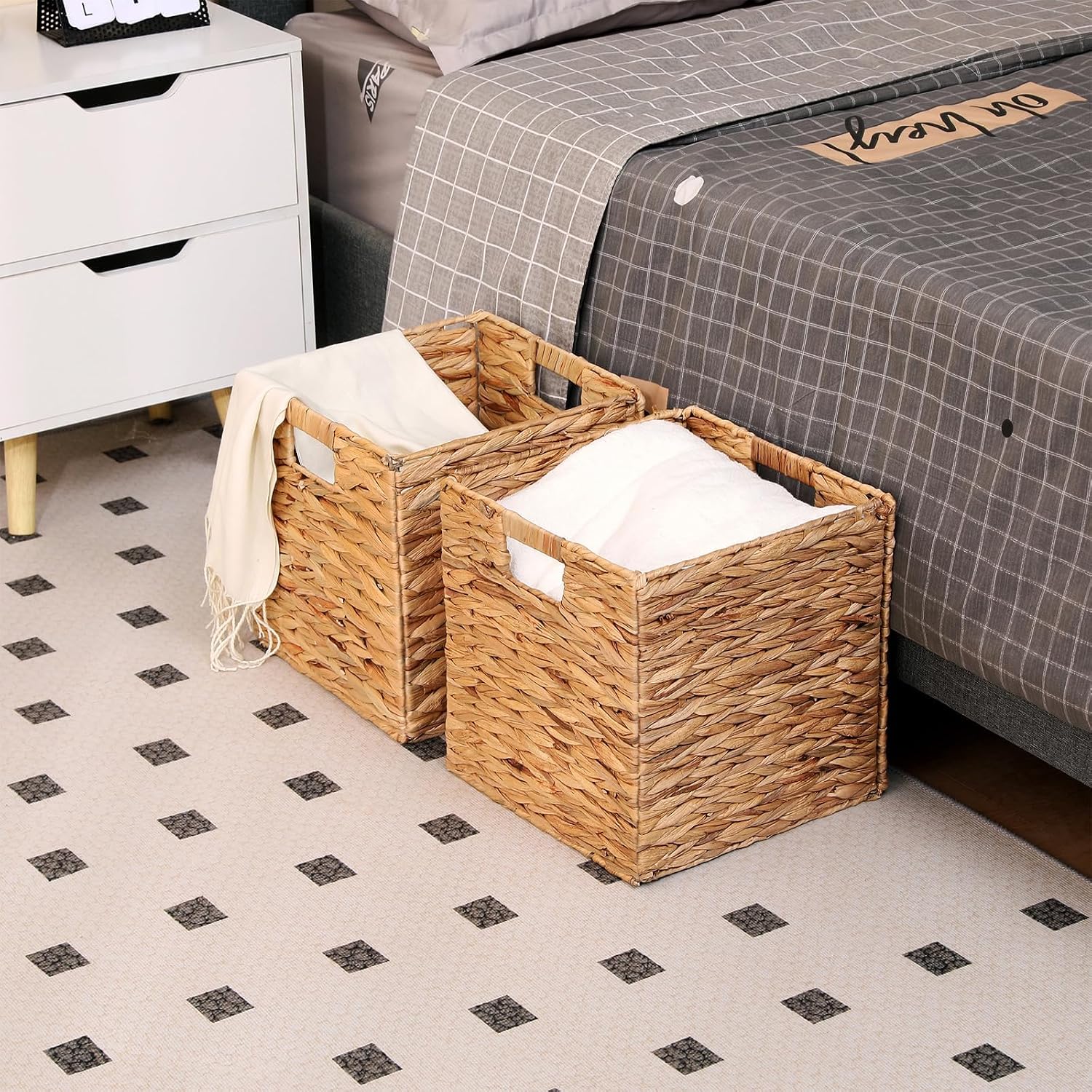 11x11in Wicker Storage Basket Set of 2 Collapsible Hyacinth Cube Storage Baskets,Storage Bins for Organizing Storage Basket with Built-in Handles