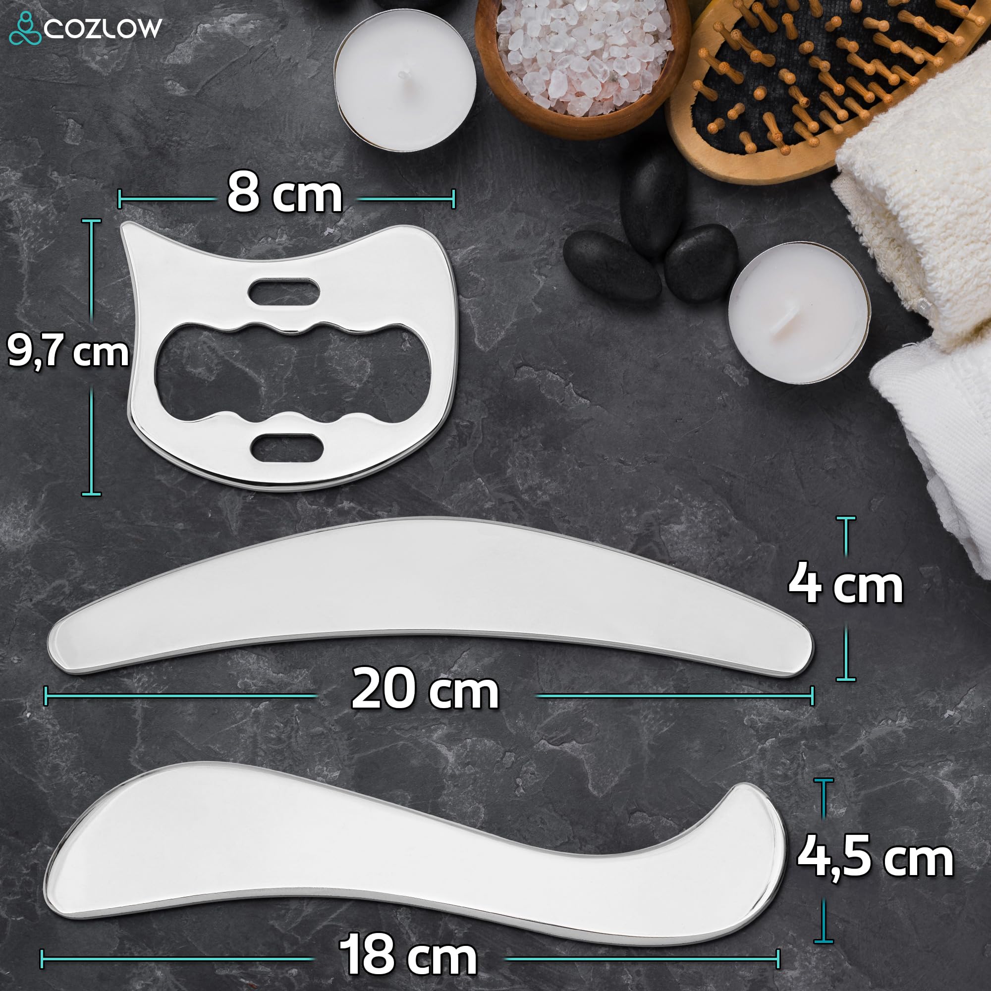 Cozlow 3 in 1 Stainless Steel Muscle Scraper Tool Set for IASTM Therapy Gua Sha
