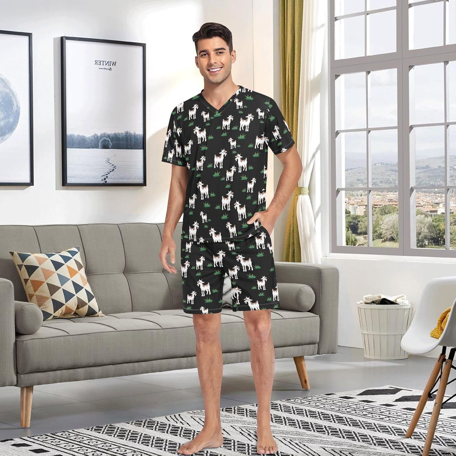 JUDIAN Men's Summer Pajama Set 2-Piece Short Sleeve & Shorts, Elastic Waistband for Lounge & Nightwear S - Image 3