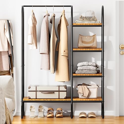 Miniatura 2 de soges Perchero de metal para ropa con estantes de almacenamiento de madera de 4 niveles, barras colgantes para colgar ropa, organizador de armario