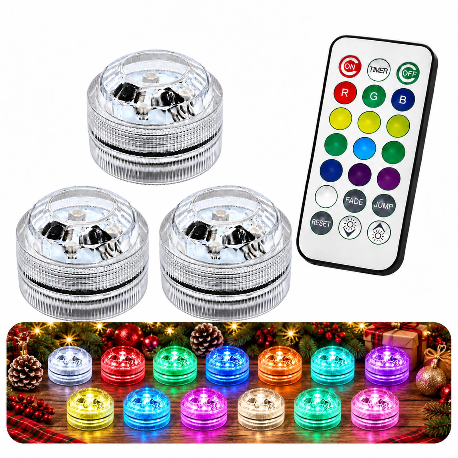 3Pcs Mini Submersible LED Lights with Remote Control Halloween Christmas