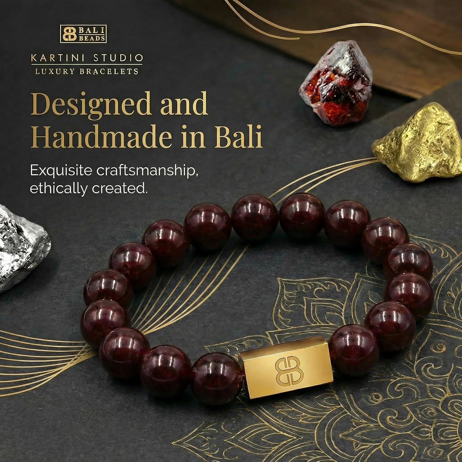 Kartini Studio Garnet Bracelet, Bracelet for Men, Garnet and Gold, Men's Quality Bead Jewelry