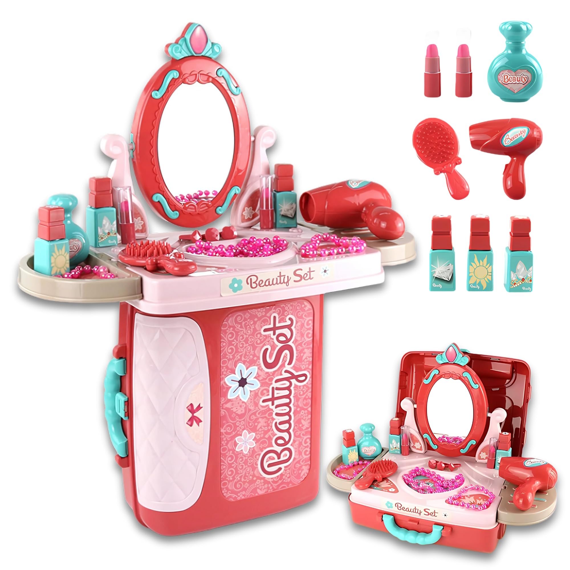 OLEOCA Kids Vanity Set — 3 in 1 Suitcase, Table & Vanity Mirror Playset with Pretend Makeup, Accessories for Role Play, Travel & Gifts for Girls Ages