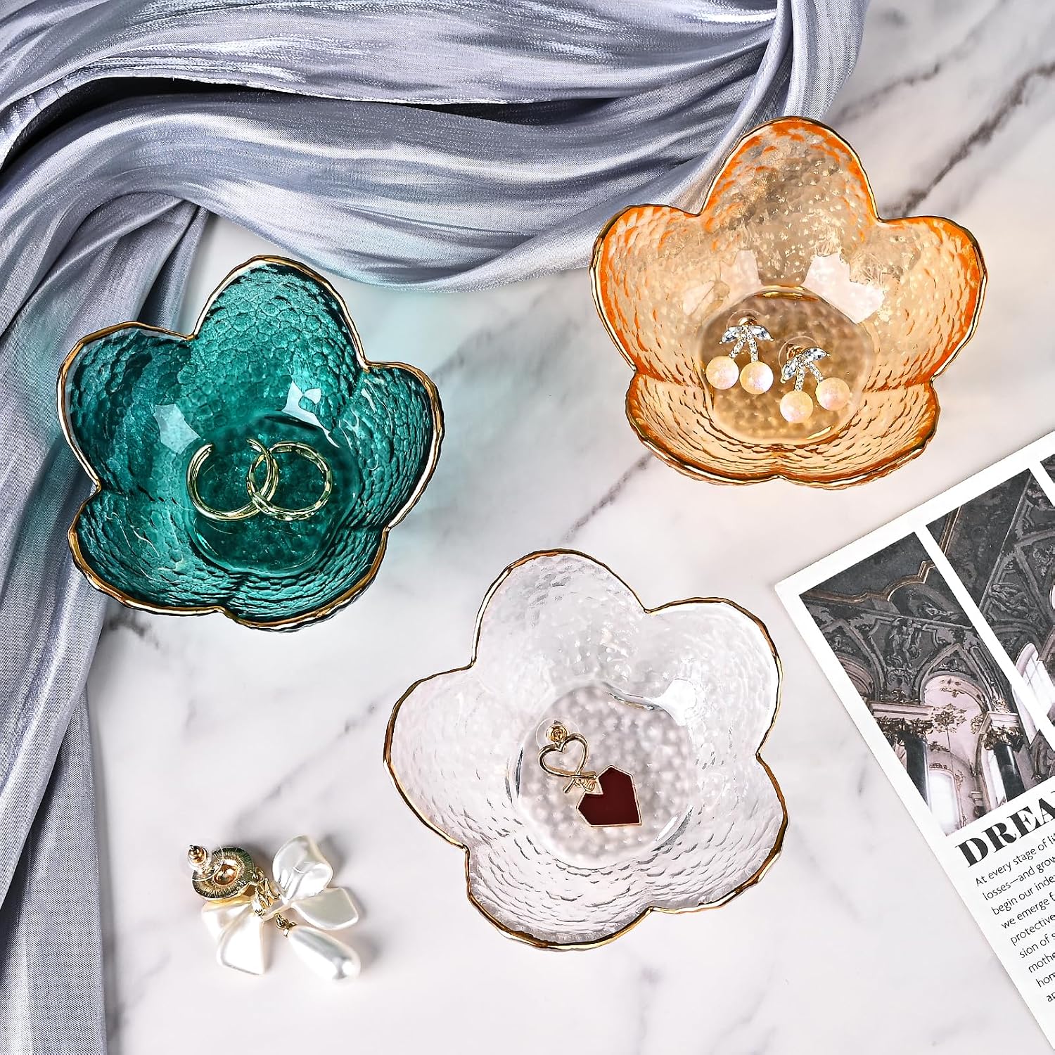 Koythin 2-Piece Glass Jewelry Tray, Transparent White | Small Trinket Holder, For Necklace Bracelet Earring Ring, Flower Nightstand Decor, For Girl Mom, Aesthetic Trinket Dish