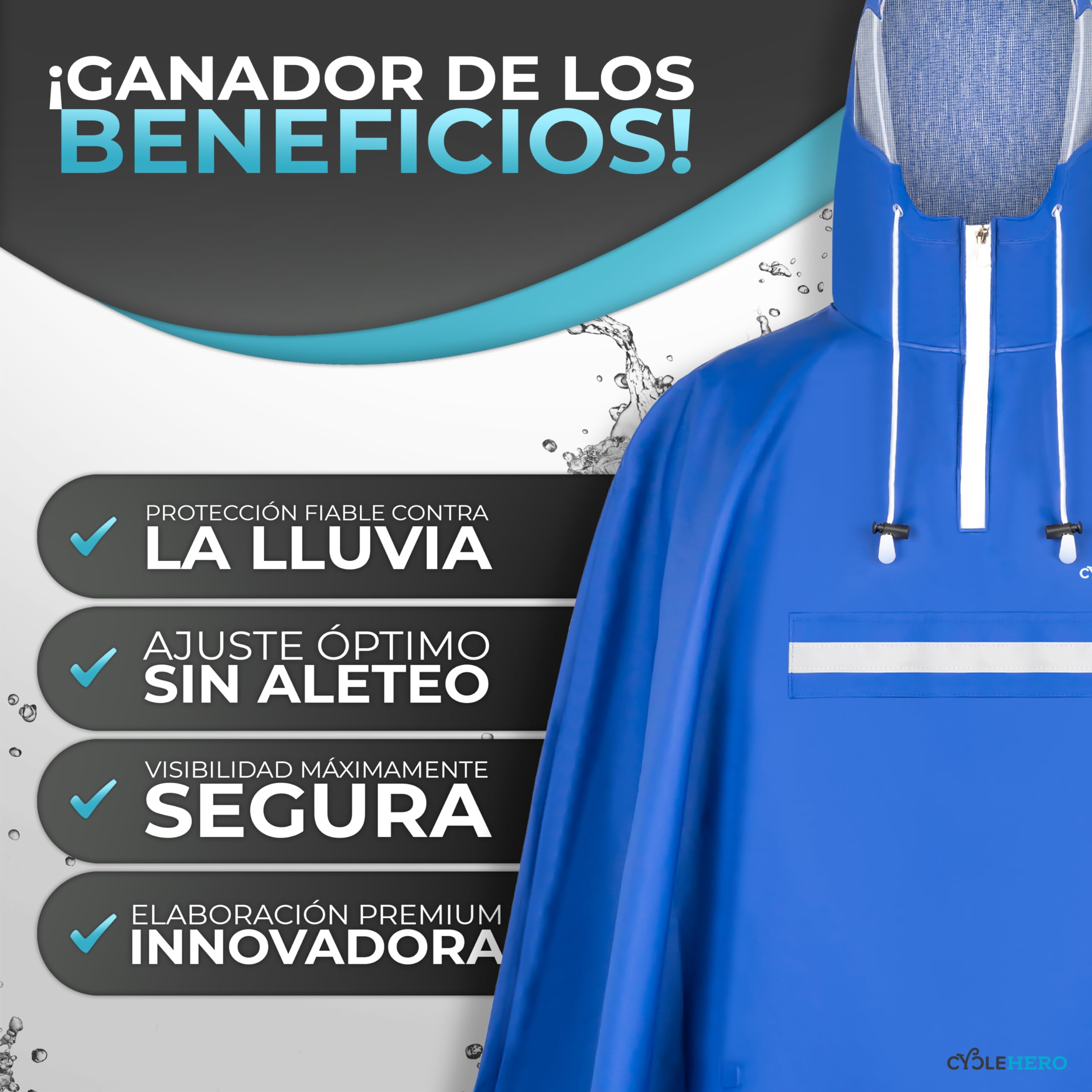 Poncho para lluvia para bicicleta prémium con capucha, incluye apertura para ver, para hombre y mujer, incluye rayas reflectantes, impermeable, color azul, tamaño large