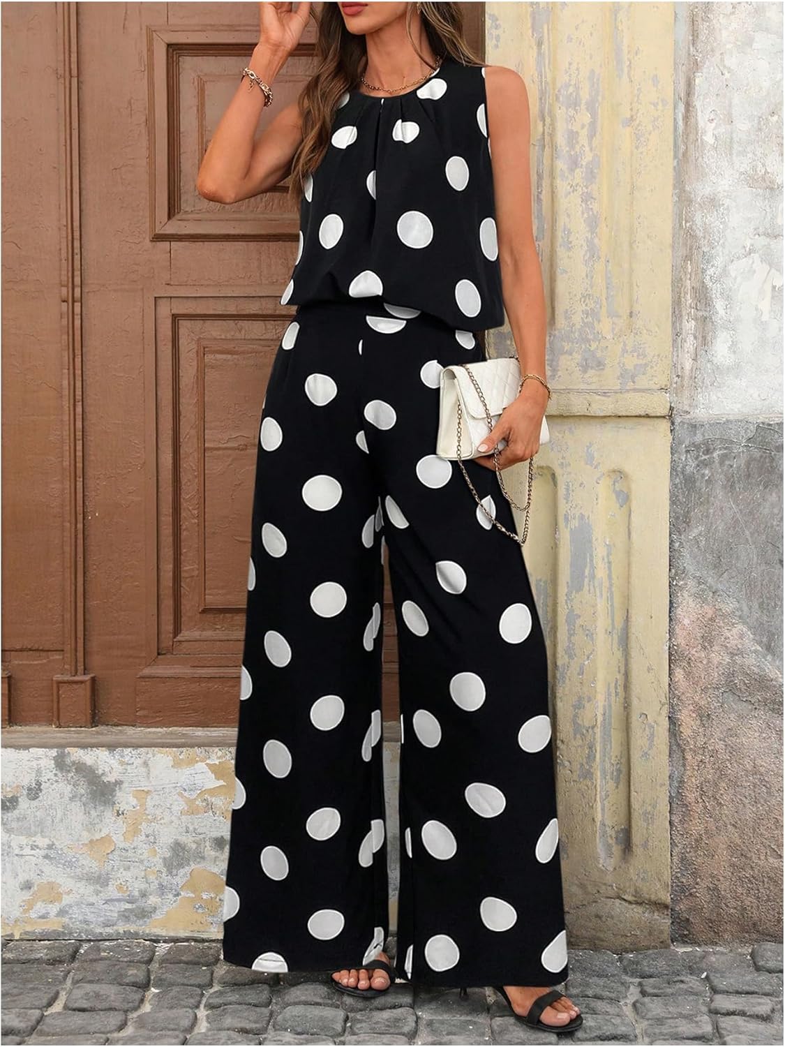 SOLY HUX Women's Polka Dots Two Piece Set Tank Top and Pants Summer Outfits Work Office Clothes