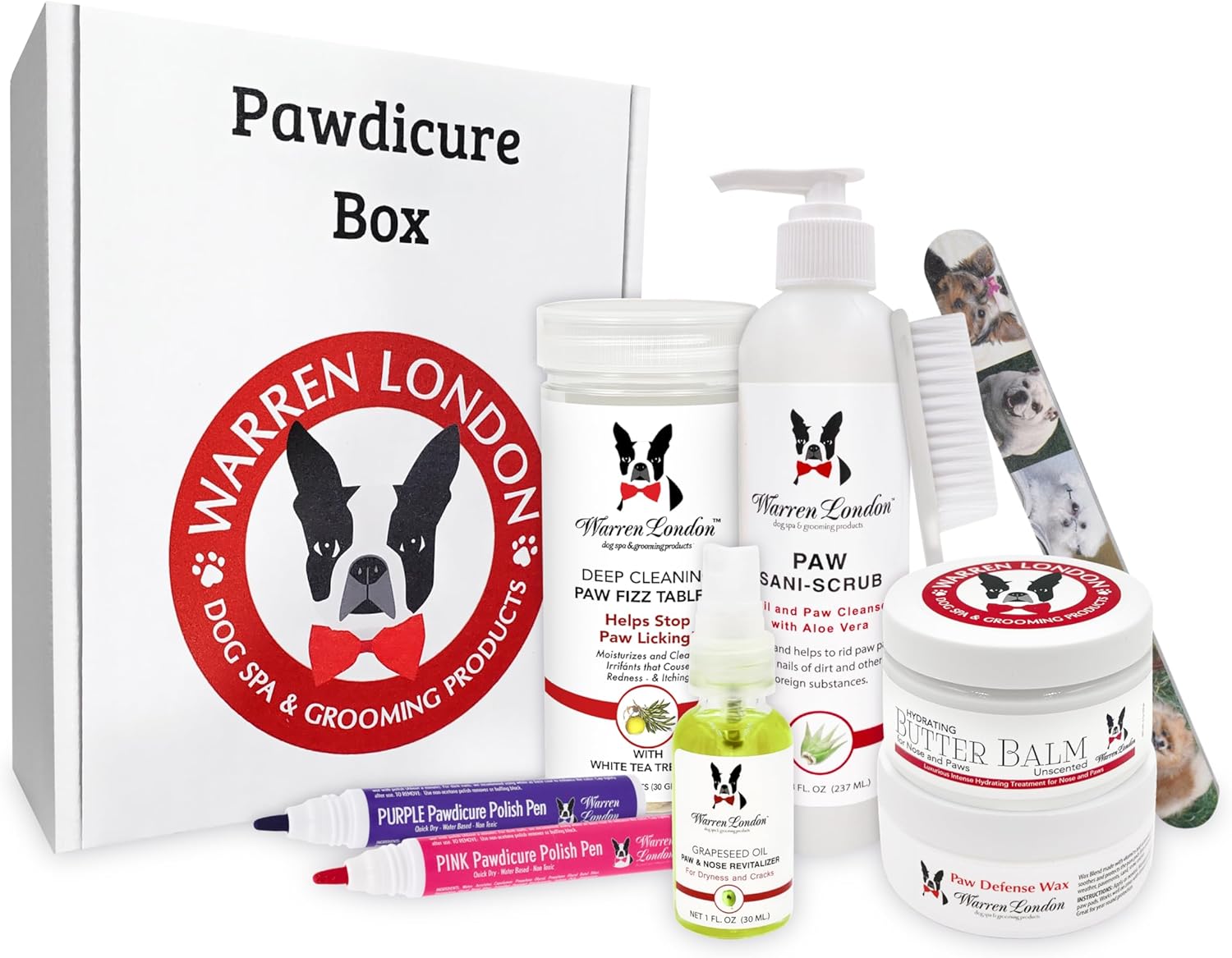 Warren London Pawdicure Gift Box for Dogs – 8-Piece Luxury Paw Spa Set w/Paw Sani Scrub, Fizz Soak, Grapeseed Oil, Hydrating Butter Balm, Paw Defense Wax, Nail File & 2 Quick-Dry Nail Polish Pens