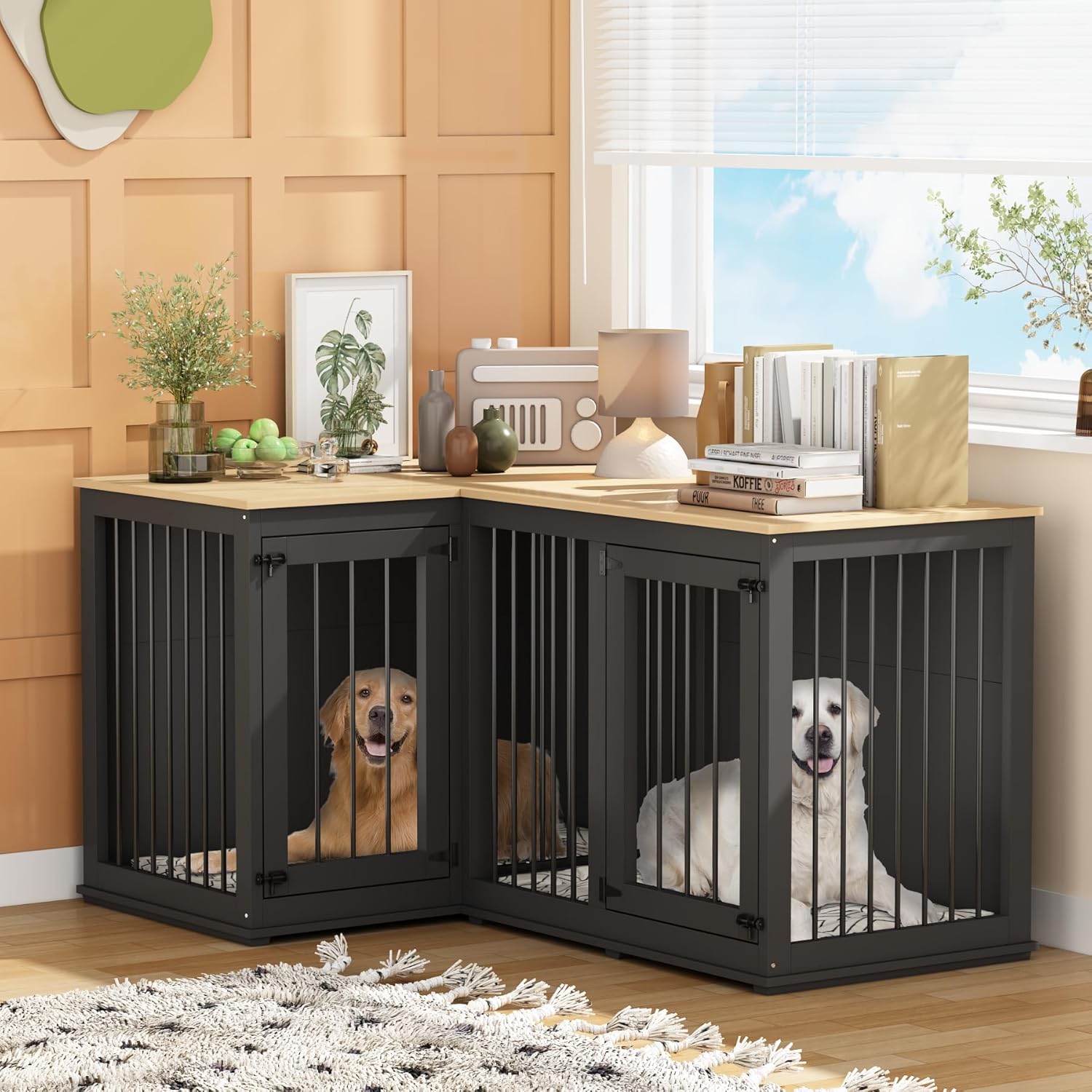 MOOLIVE Large Corner Dog Crate Furniture, Wooden L Shaped