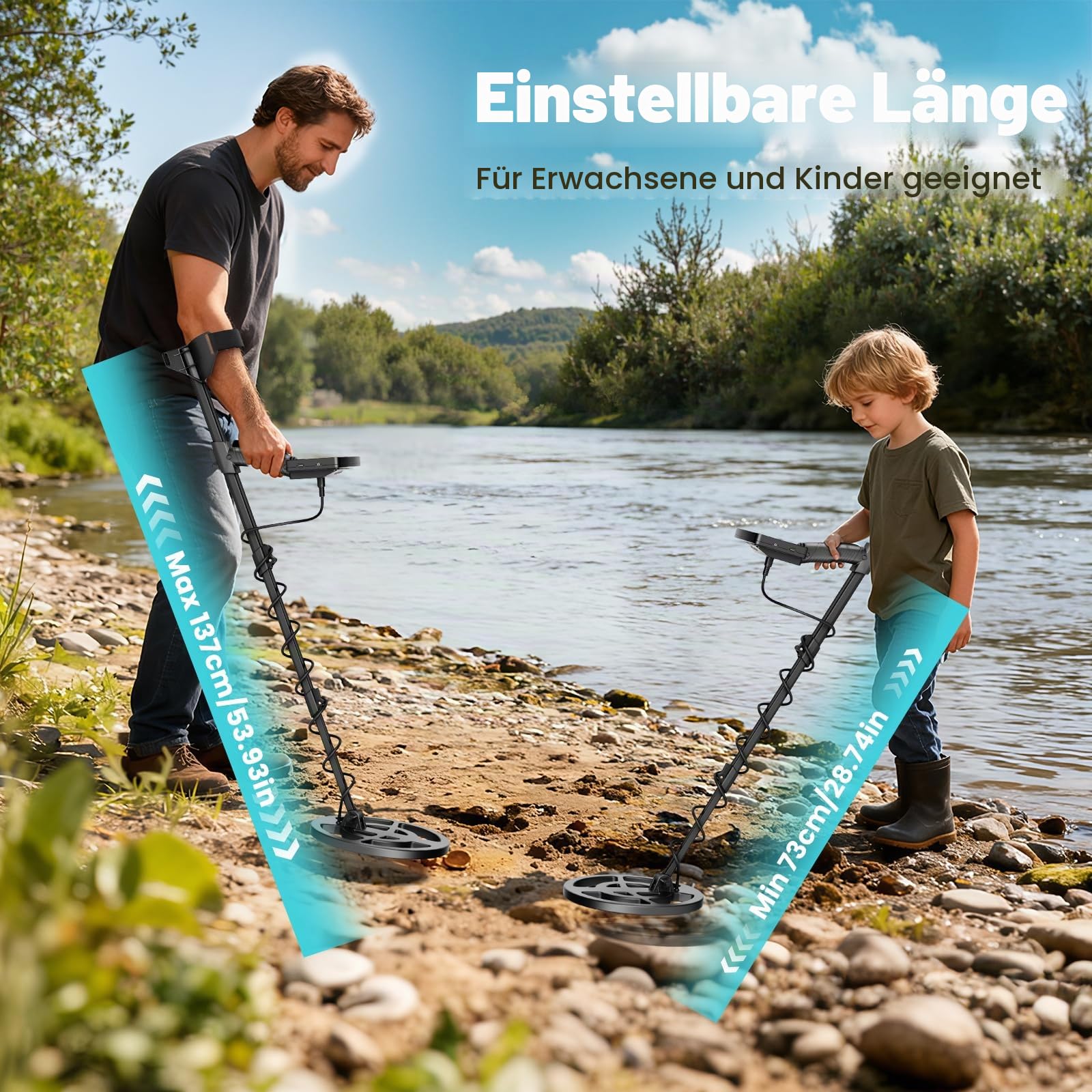 Metalldetektor Profi Set, 5 Modi Leicht Gold Detektor für Kinder und Erwachsene mit Pinpoint Modus, Speichermodus, Wasserdicht Spule, Hochpräzisions, Metal Detector Kit mit Digger Schaufel