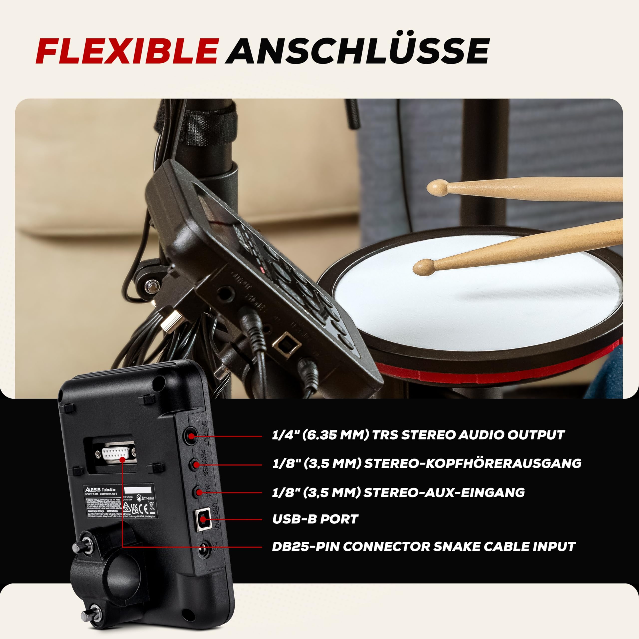 Alesis Turbo Max Schlagzeug Elektronisch mit leisen 8-Zoll Mesh Pads, Lektionen, Bluetooth und Zubehör, faltbar