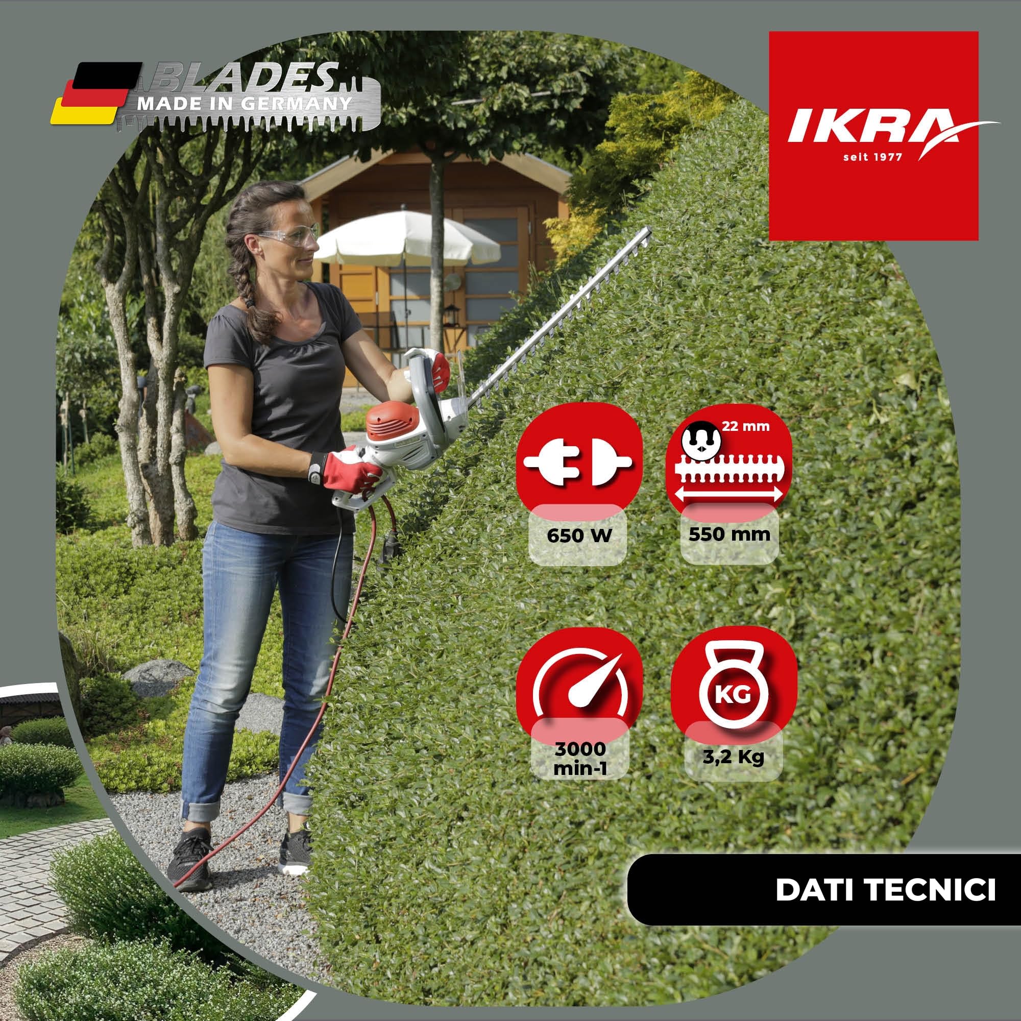IKRA tagliasiepi elettrico IHS 650, lunghezza 55cm, incl. spray per la cura