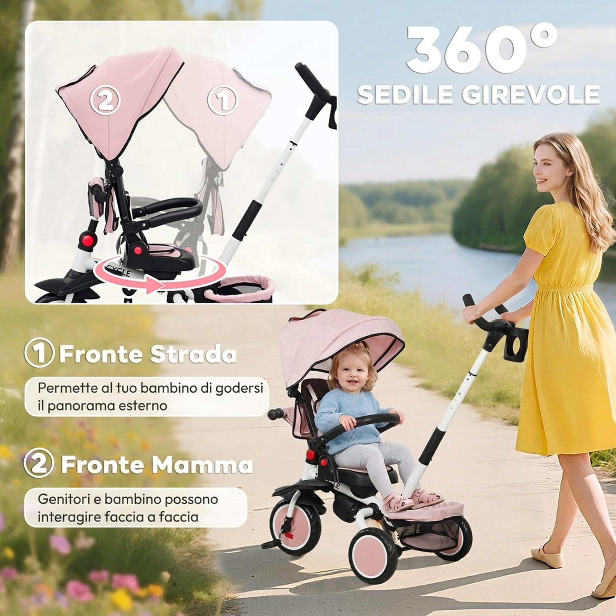 AIYAPLAY 6 in 1 Triciclo Passeggino Bici per Bambini 1-5 Anni 25Kg Rosa