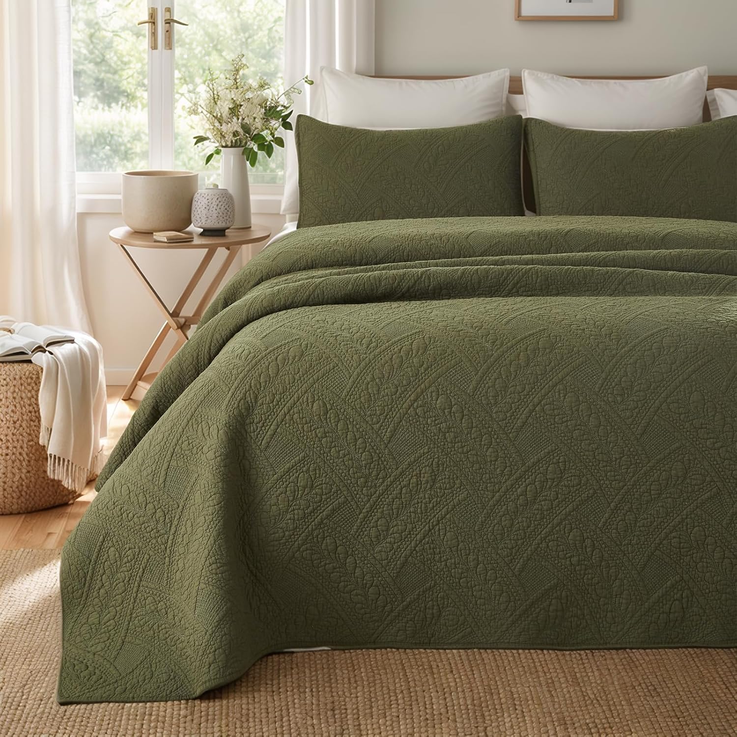 Brandream Queen Size Quilt Set Cotton Olive Green Farmhouse Quilted Comforter Set Vintage Matelasse Coverlet Set 3-Piece