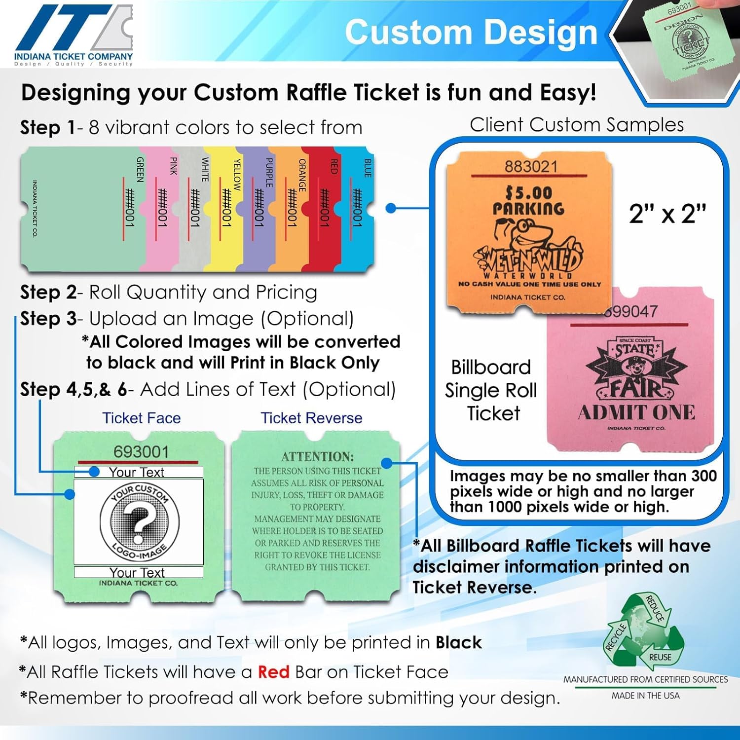 INDIANA TICKET CO. Custom 2"x2" Billboard Single Raffle Roll Tickets, Add Your Events Logo/Text, 50/50 Raffle Tickets, Fundraiser, Classroom Rewards, Entry, Drink Tickets, Prizes, (8 Color Selection)