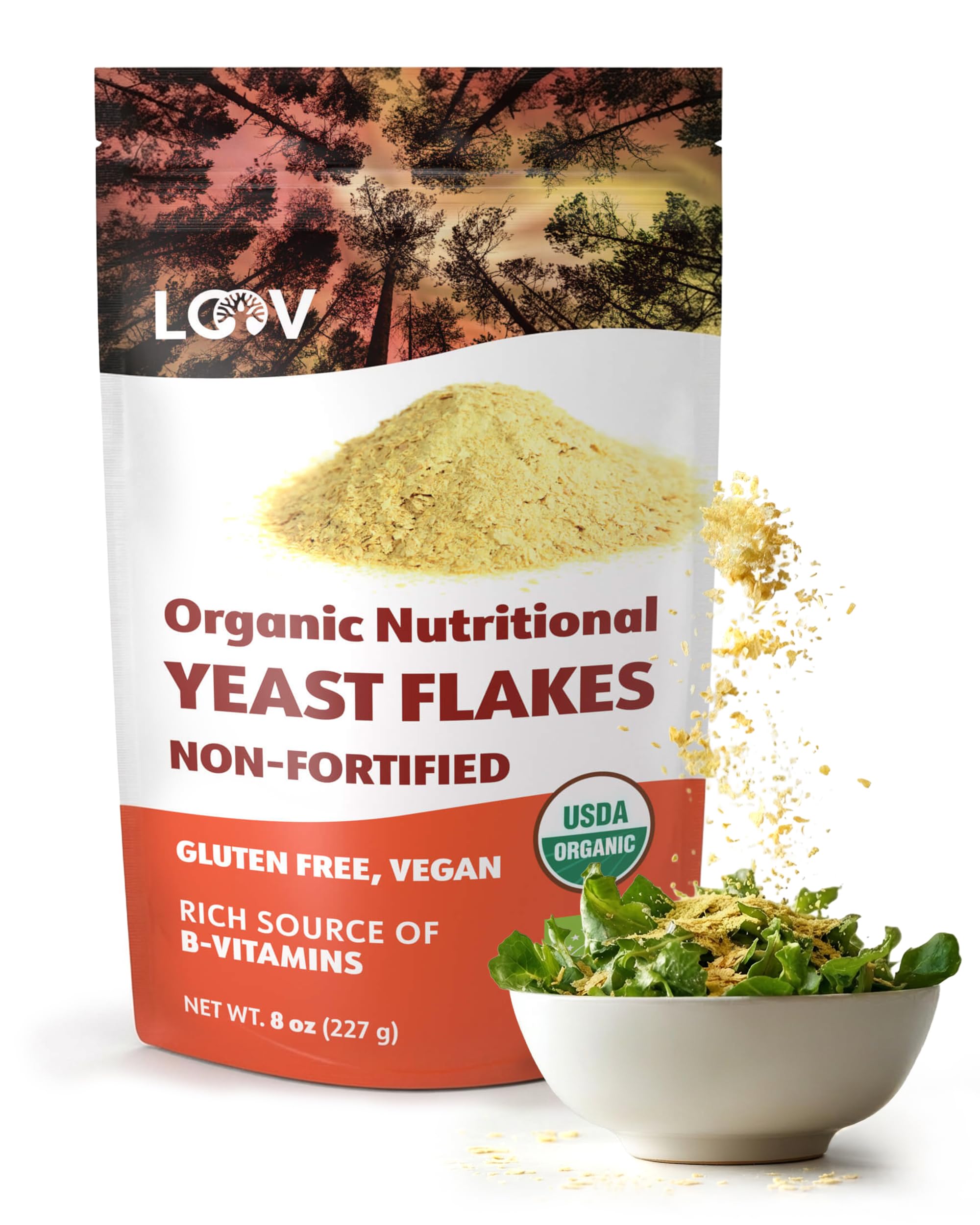 LOOV Bio nicht angereicherte Nährhefe Flocken, Nooch, geröstet, Vegan, ohne Gentechnik, Glutenfrei, B-Vitamine, 227g, Ohne Zusatz von Vitaminen, Ohne Zuckerzusatz, Wiederverschließbarer Beutel