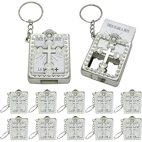 12 Spanish First Holy Communion Party Favor Mini Bible Keychain Religious Keyrings