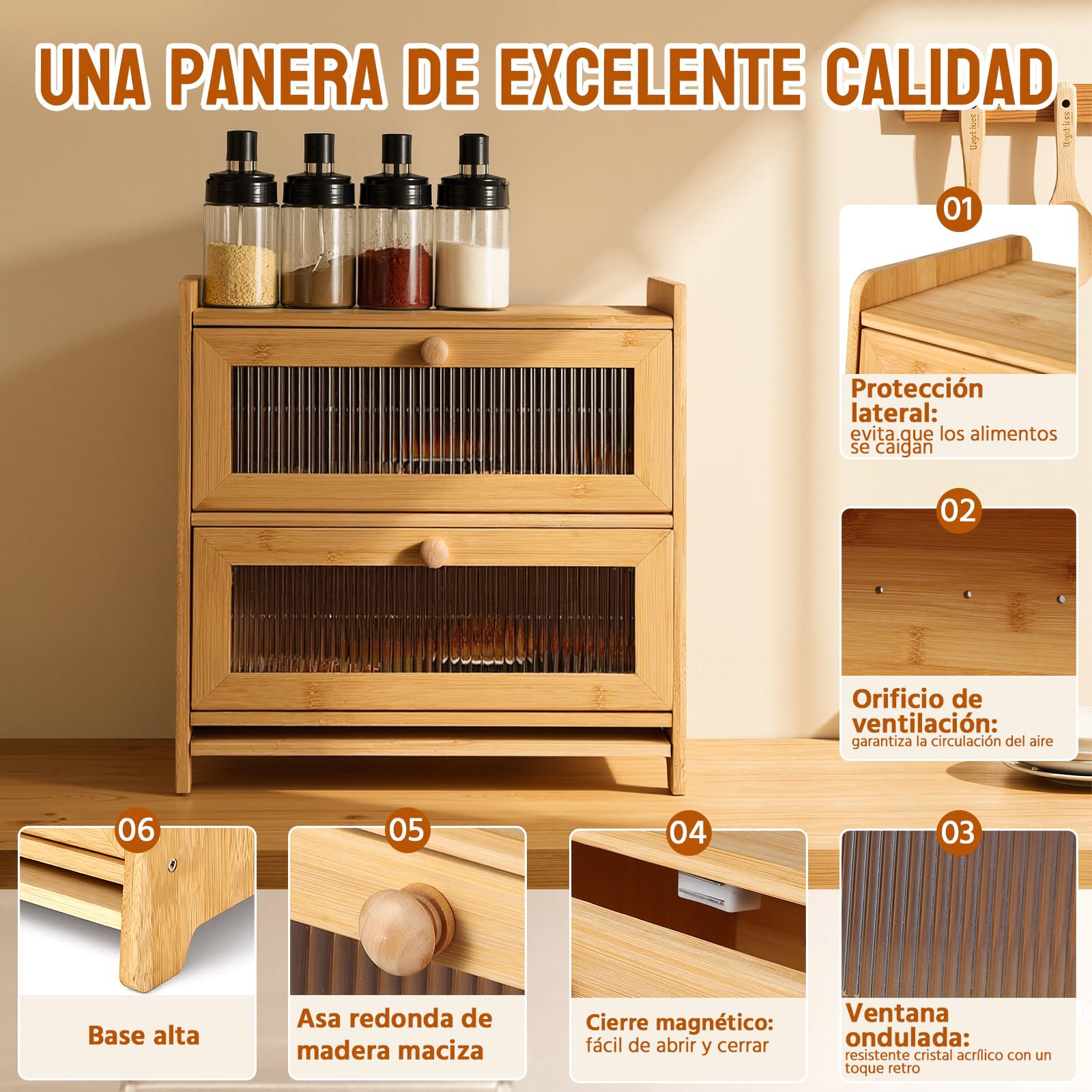 HAUSPROFI Panera de bambú de 2 niveles, panera de madera con tabla de cortar, ventilación ondulada, ventana visible, elegante caja de pan de cocina para guardar pan, 40 x 25 x 40 cm, grande
