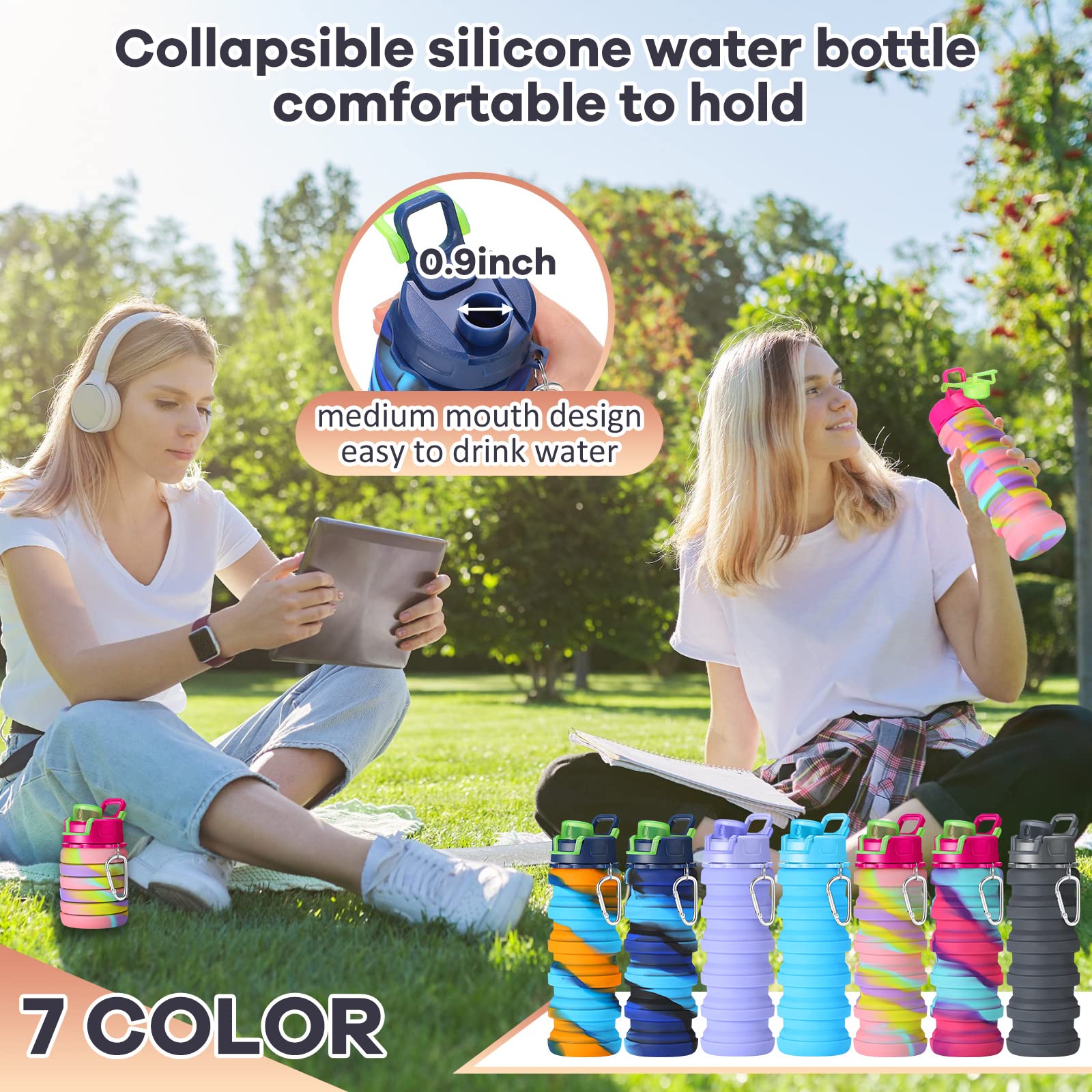 Sunnyray Faltbare Wasserflaschen, 500 ml, Silikon, faltbar, tragbar, auslaufsicher, Reise-Wasserflasche, wiederverwendbar, Camouflage, Sportflaschen mit Clip für Wandern, Camping, 14 Stück