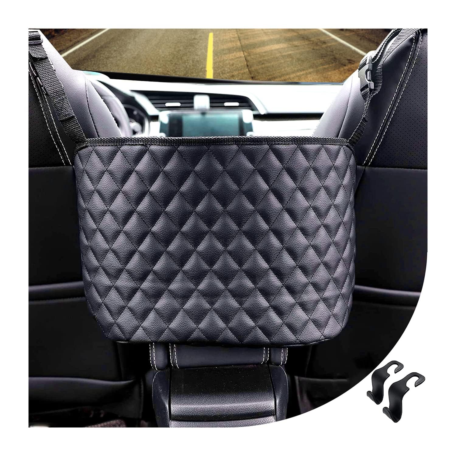 Nanddi Car Net Pocket Handbag Holder Between Seats, Large Capacity Car Bag Purse Holder, with 2 Headrest Hooks, Heightened Front Railing, Leather