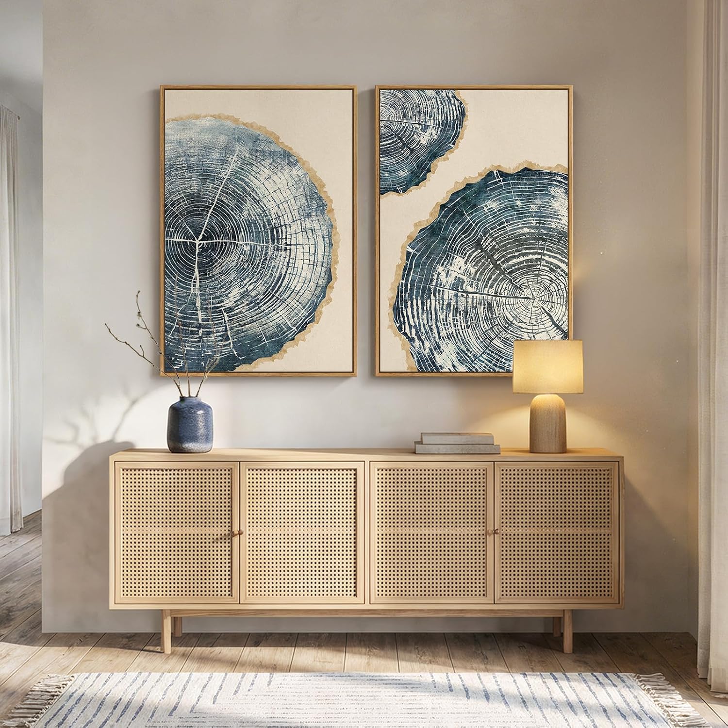 Framed Blue Tree Rings Canvas Wall Art for Bedroom, Set of 2 Large Abstract Wood Grain Prints Paintings, Navy Teal Modern Nature Artwork Decor for Living Room Office Hallway 24x36 Inch