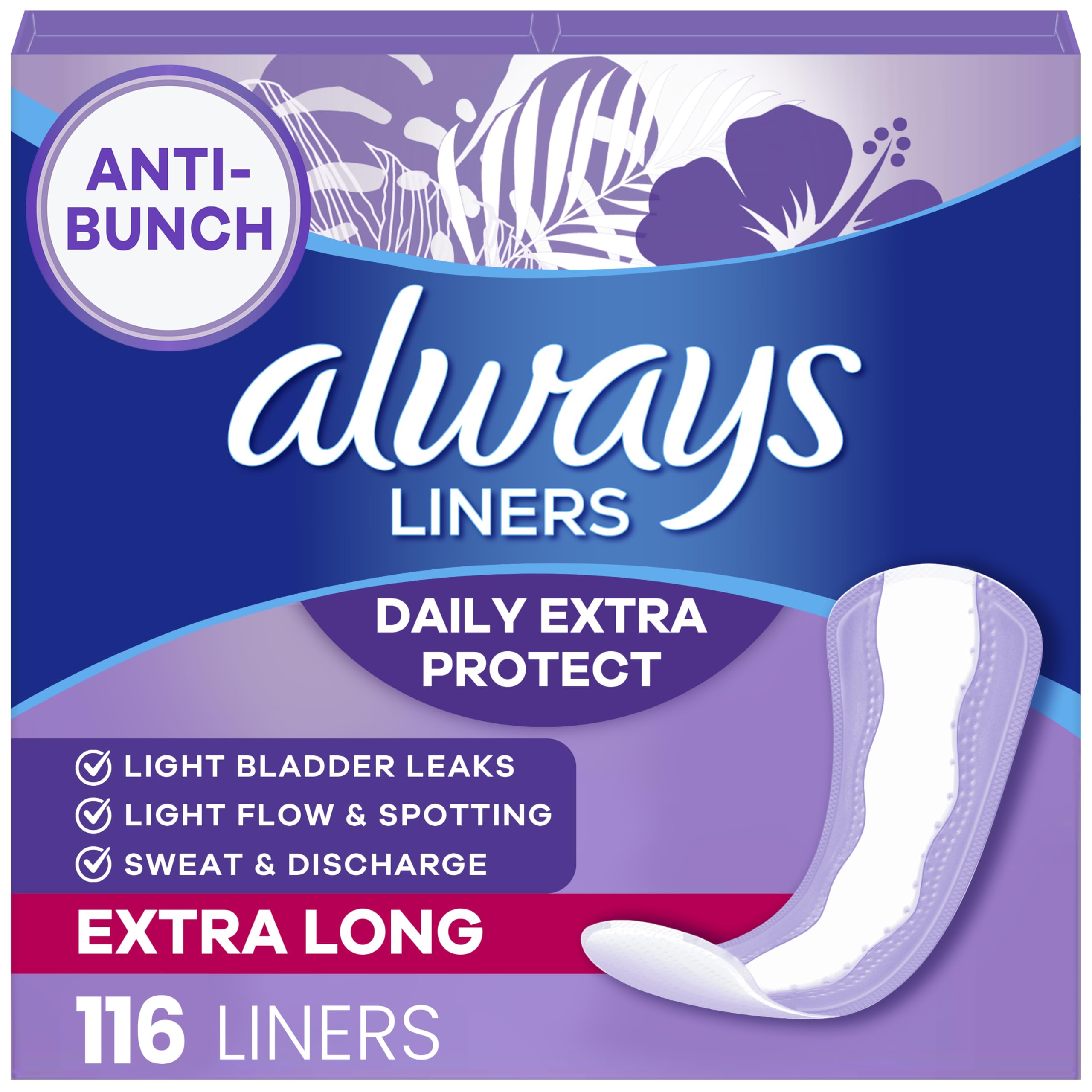 Always Daily Extra Protect Liners, Extra Long Length, Unscented Panty Liners, 116 Count
