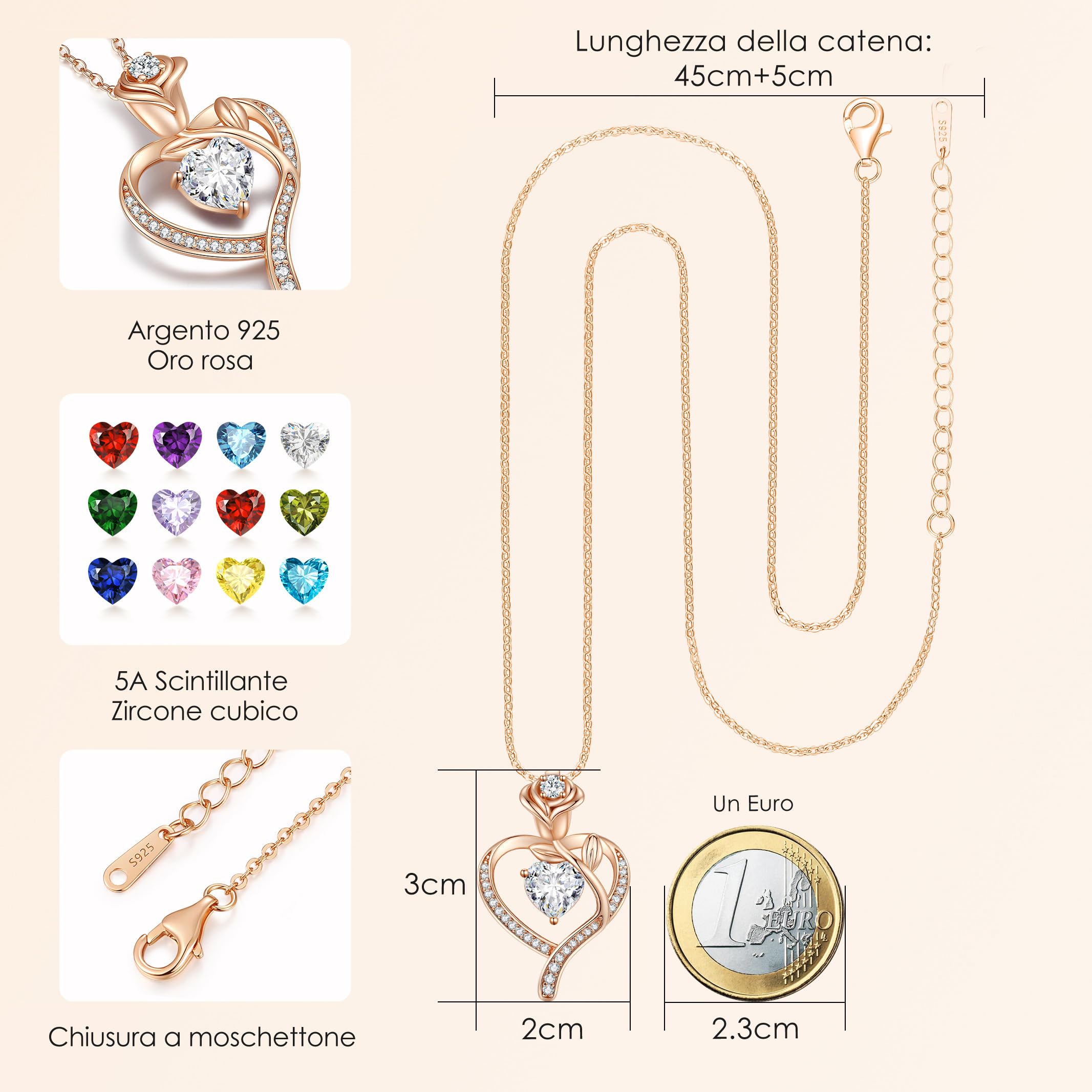 CDE Collana Donna Collana Cuore in Oro Rosa Gioielli Donna, 925 Sterling Silver Collana Pendente Anniversario Compleanno San Valentino Regalo di Natale per donne Moglie Mamma Fidanzata