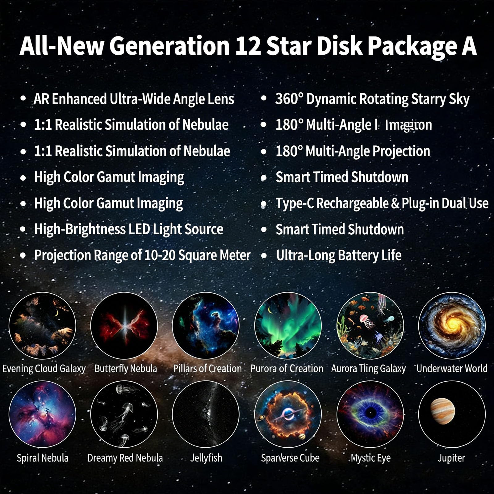 2 in 1 Galaxy Projector Night Light, USB Starry Sky Projector with Multiple Projection Films, 360° Adjustable LED Galaxy Night Light Projector for Bedroom Car Kids Adults Home Decor Use (12 Scenes) — view 3