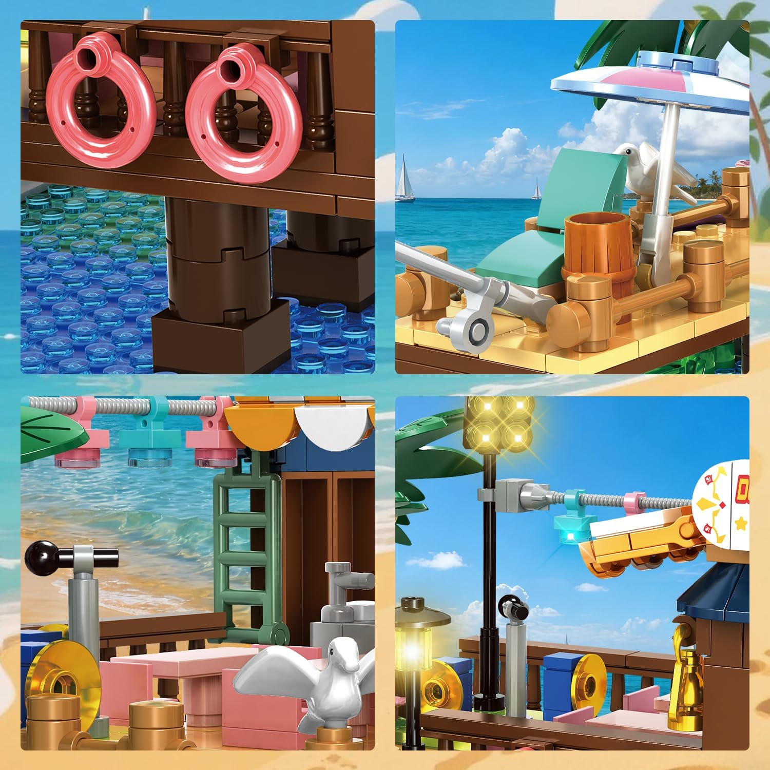 Seaside Camping Beach House Building Block Set - Cozy Fishing Harbor with Vacation Cabin, Lighthouse, Boat, Palm Trees, Christmas Birthday Building Toy Gift for Boys Girls Age 6-12+