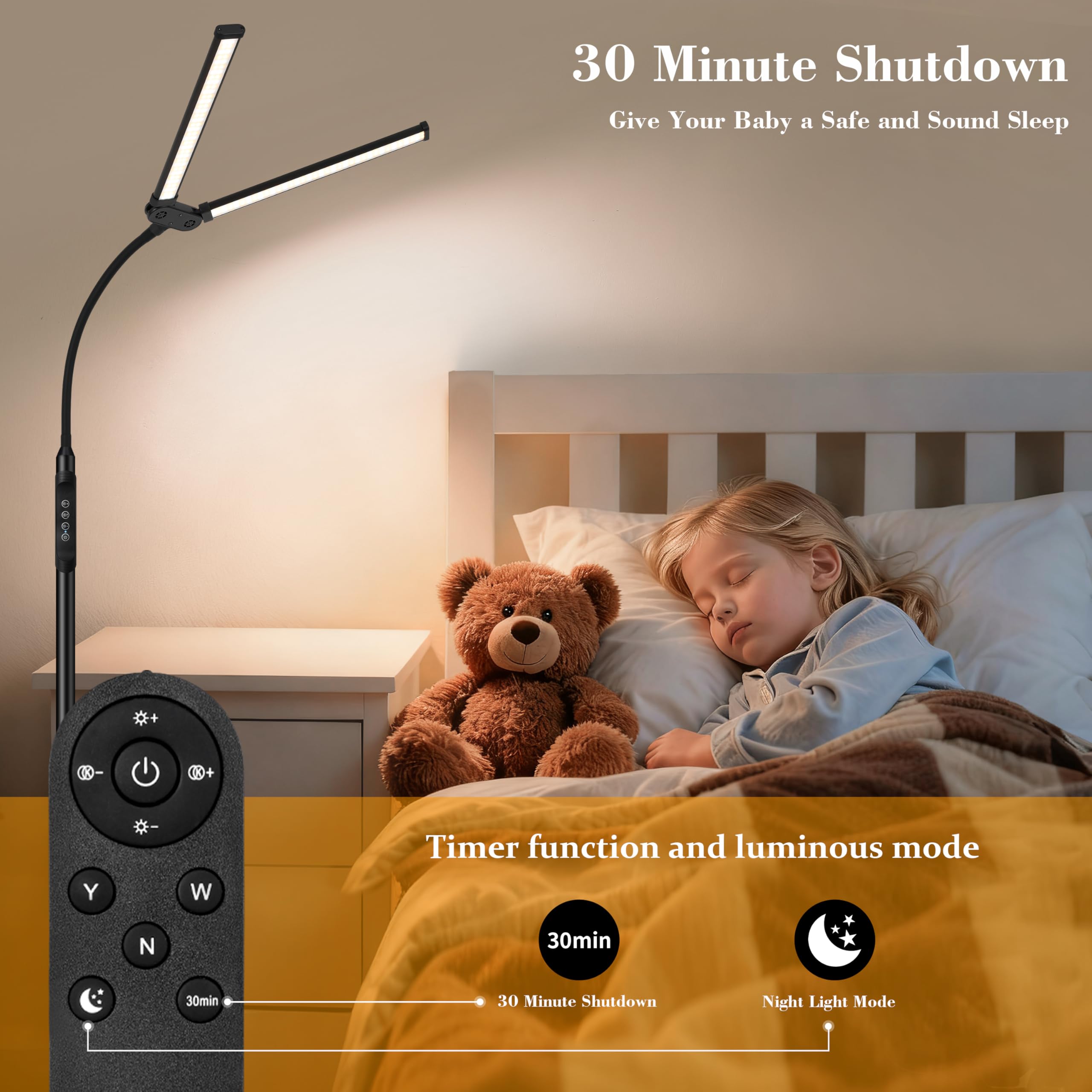 Doppelkopf LED Stehlampe 18W, 3 Farbtemperaturen 10 Helligkeitsstufen, Magnet-Fernbedienung, verstellbarer Schwanenhals, integrierte Kabel, USB-Augenschutzlampe für Wohnzimmer und Büro