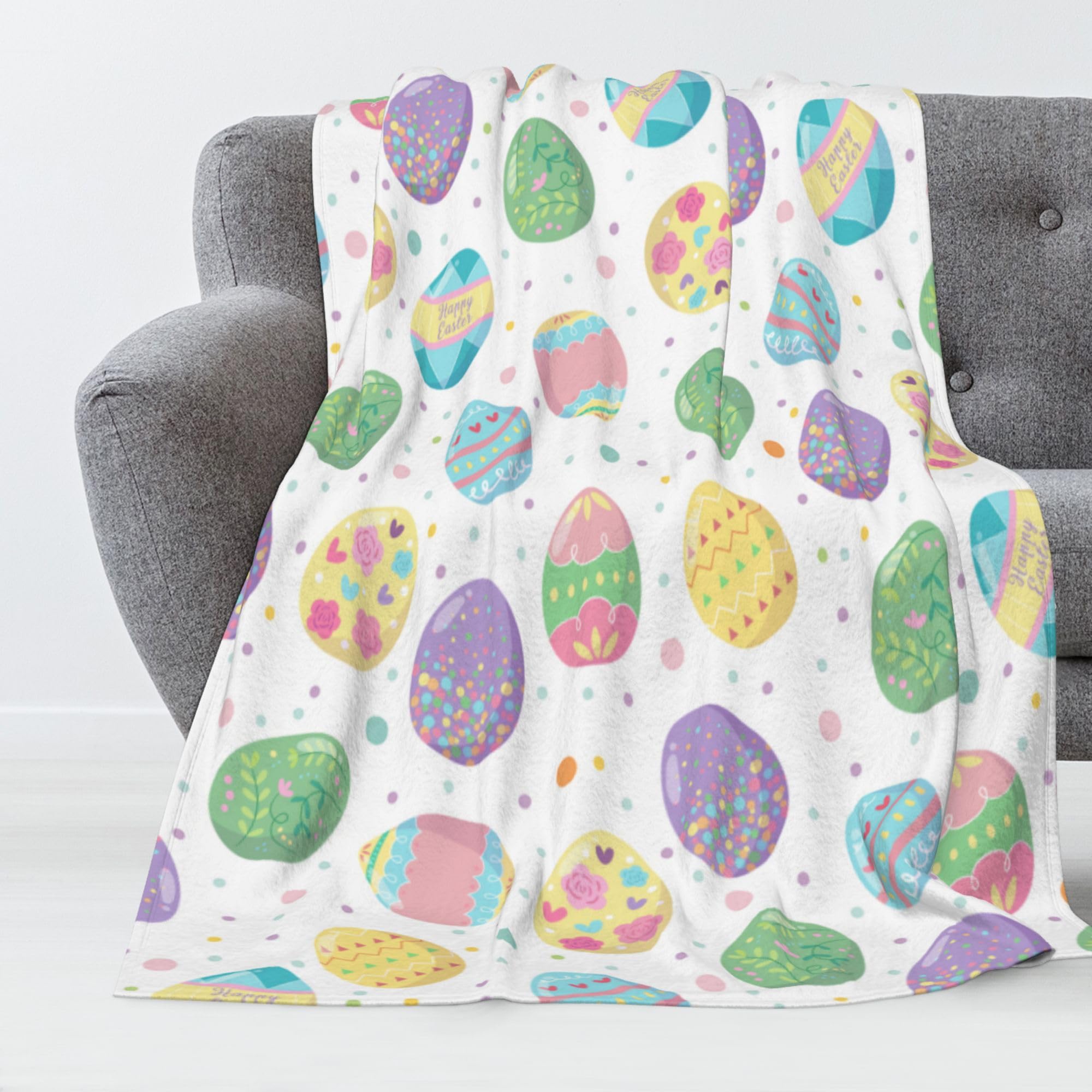 Cozy Plush Easter Blanket for Couch Colorful Eggs Flower Warm Throw Blanket,Lightweight and Soft Throws Blankets Seasonal Spring Holiday Blankets for Couch Bed Living Room 50"x40"