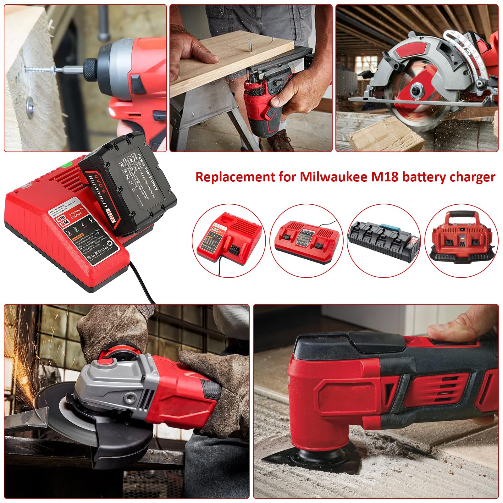 LabTEC Cargador de una batería M18 para Milwaukee, Cargador de 18 V y 65 W de Repuesto para Milwaukee XC 48-59-1812, 48-11-1820, 48-11-2402, 48-11-1840, 48-11-1850, 48-11-1852 y 48-11-2401