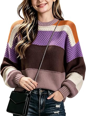 Girls Chunky Knit Striped Winter Fall Sweaters Casual Long Sleeve Crew Neck Pullover Color Blocks Sweater Tops