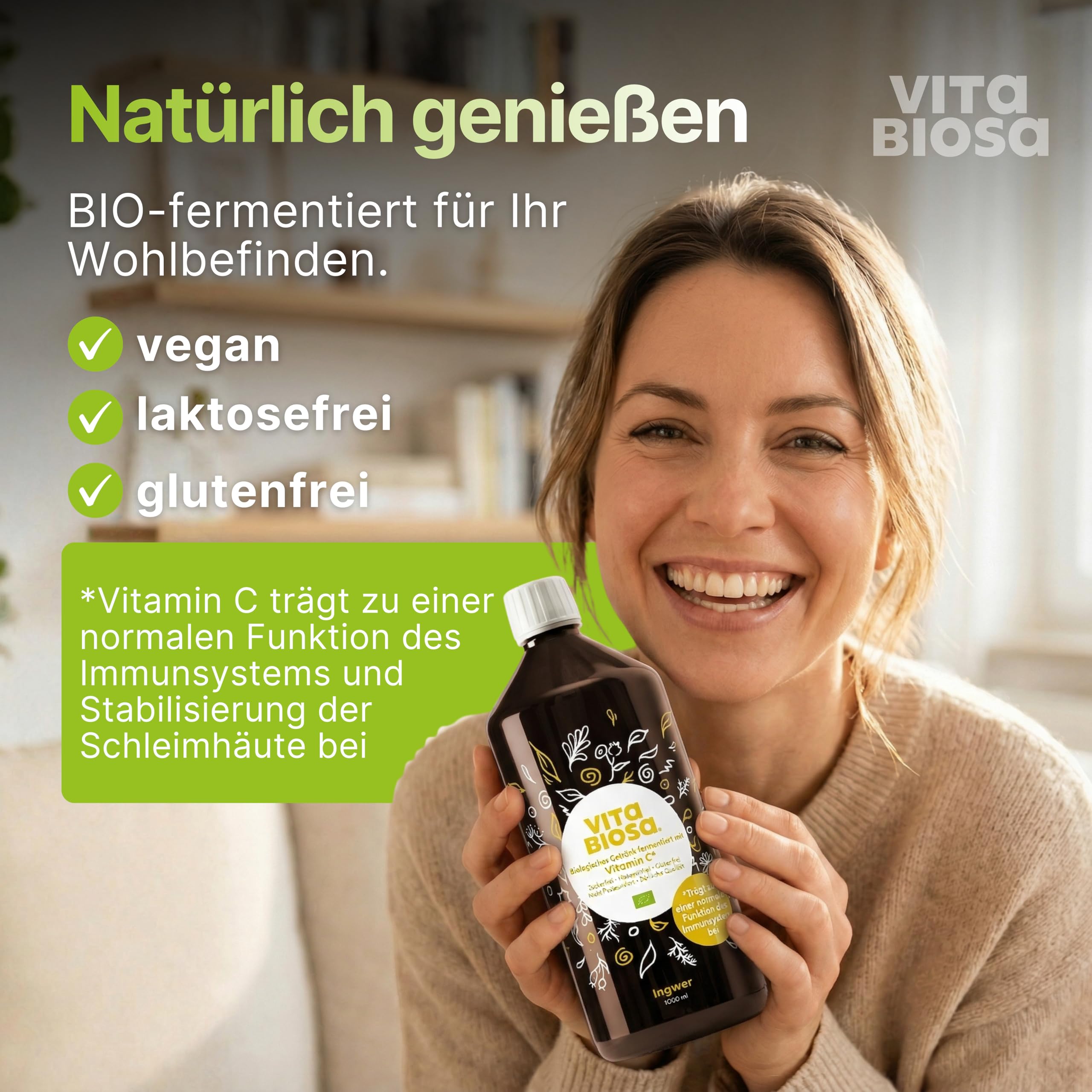 Vita Biosa Ingwer + Vitamin C Bio Fermentgetränk 1 L – mit Vitamin C zur Unterstützung des Immunsystems – mit Ingwer für die Verdauung – vegan, zuckerfrei, laktosefrei, Bio-Qualität