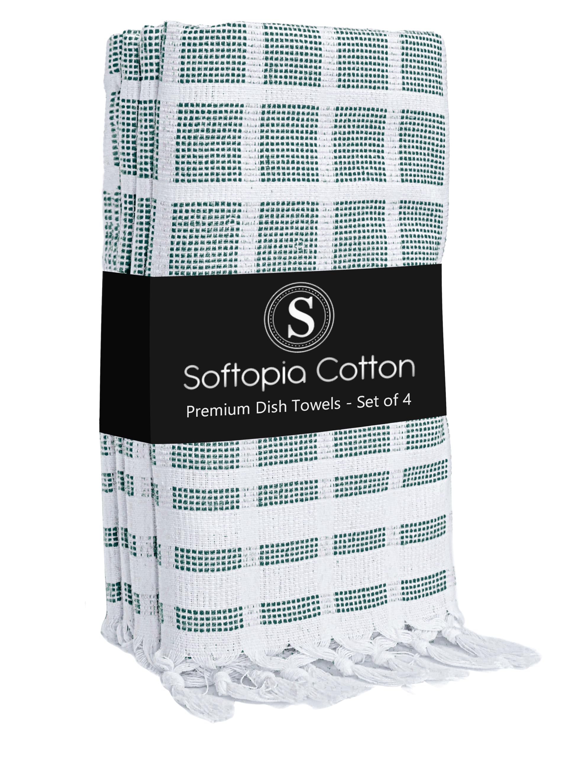 Matrix Dobby Kitchen Towels 4 Pack, 100% Cotton, 16x26 Inches, Reusable Dish Towels with Handmade Tassels, Washable Absorbent Tea Cloths for Cleaning, Cooking - Forest Green, White