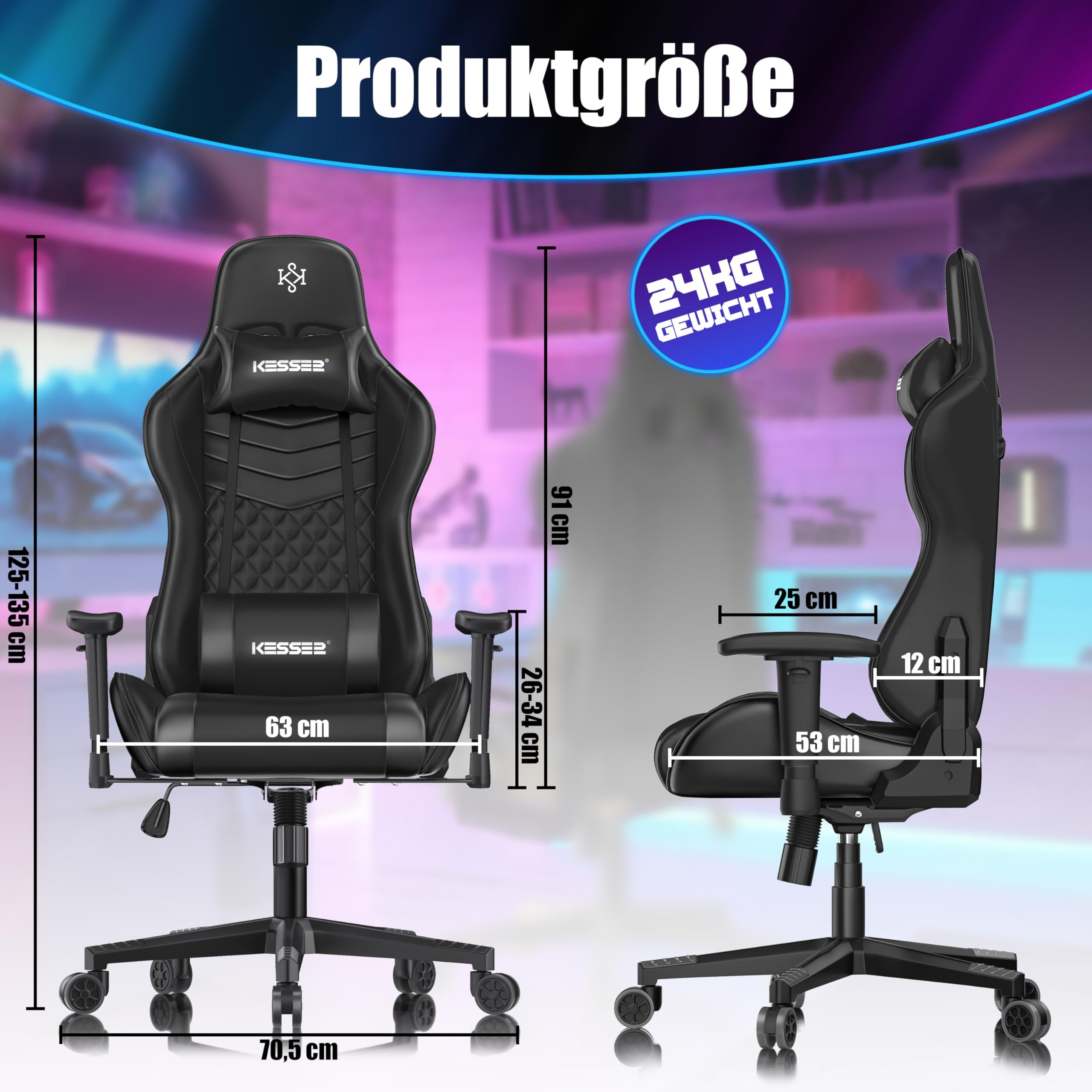 KESSER® Gamingstuhl Ergonomisch Gaming Stuhl Bürostuhl mit Kopfstütze & Lendenkissen | Racing Gamer Stuhl 150kg belastbar | Armlehne 360° | Drehbarer Schreibtischstuhl Gaming Chair + Gummi-Rollen