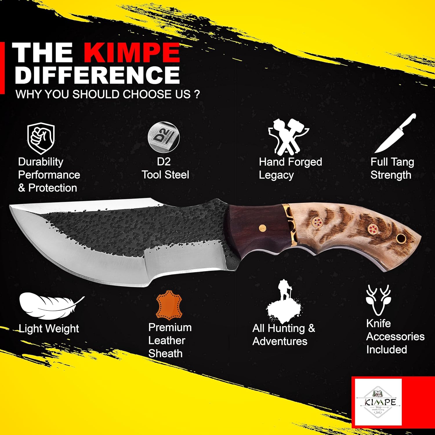 KIMPE 10" Handmade D2 Steel Tracker Knife-Survival & Hunting Knife with Holster-Full Tang Fixed Blade Knive with Ram Horn Handle-Knives for men.(D2 Ram Horn)