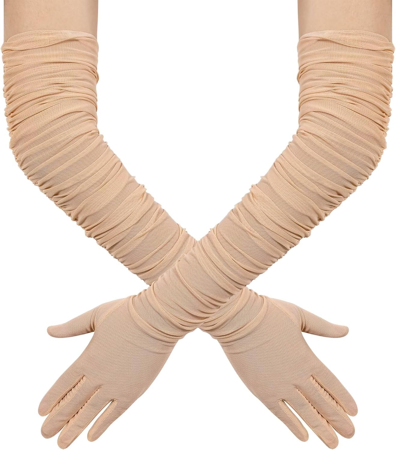 Hazhlko Women's Super Long Stretchy Ruched Mesh Tulle Sheer Gloves Costume Opera Party 1920's Dance Gloves