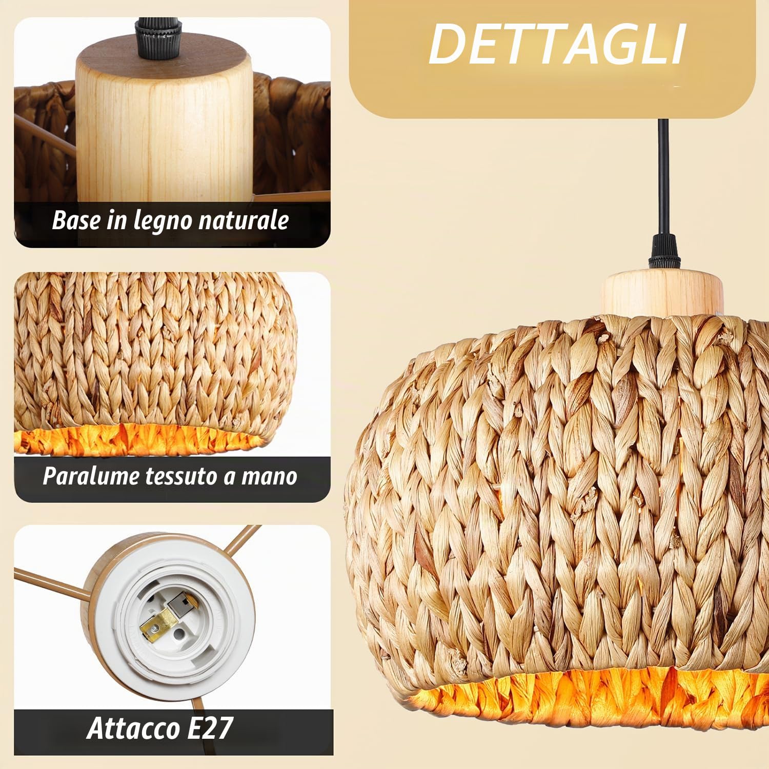 Lampada a Sospensione Boho in Rattan E27 con Batteria, Lampada a Sospensione Vintage in Bambù per Interni, Regolabile con Telecomando, Lampada a Sospensione con Lampadine RGB Ricaricabili per Sala da