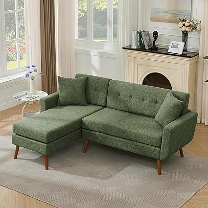 Tbfit L Shaped Couch Sofa, 80" W Mid-Century Modern Sectional Couches, 3 Seater Sofas with Wide Chaise Lounge & Two Pillows,Button Tufted Upholstered Sectional Sofa for Living Room, Bedroom, Green