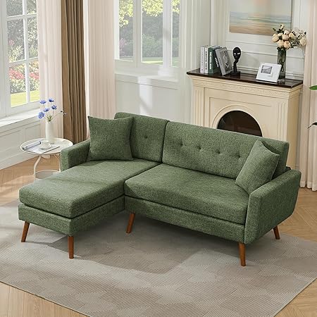 Tbfit L Shaped Couch Sofa, 80" W Mid-Century Modern Sectional Couches, 3 Seater Sofas with Wide Chaise Lounge & Two Pillows,Button Tufted Upholstered Sectional Sofa for Living Room, Bedroom, Green