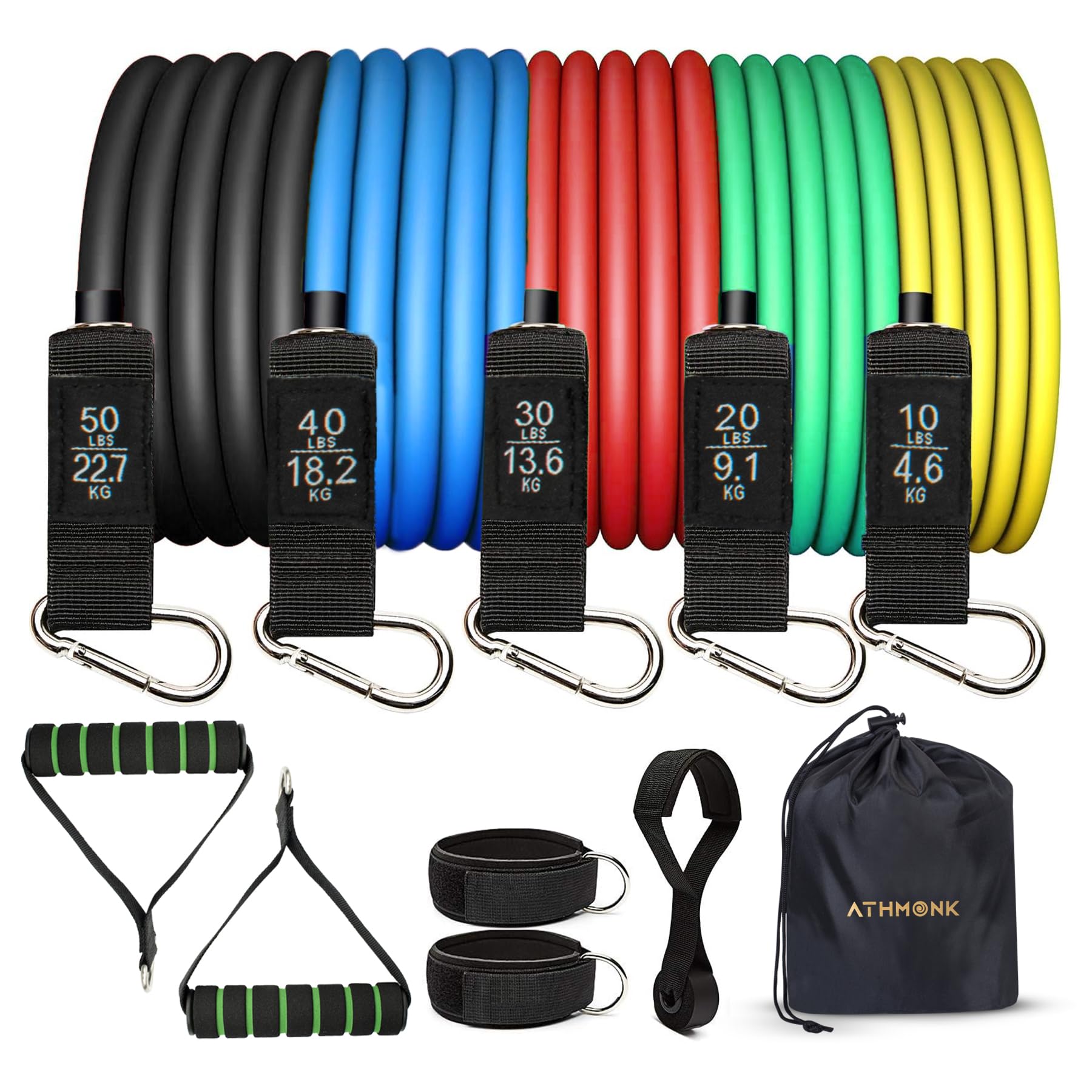 Resistance Tube Band Set of 11 pcs - Home Gym Exercise Bands for Workout - Resistance Bands for Men Women - with Toning Tubes, Door Anchor, Foam Handles, Ankle Straps, Workout Guide - 150 lbs