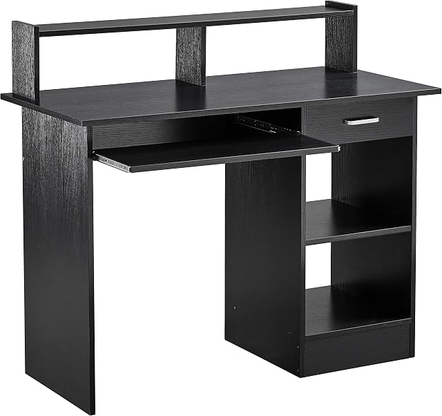 Yaheetech Office Computer Desk with Drawers Storage Shelf Keyboard Tray, PC Laptop Study Workstation for Home Office, Living Room, Bedroom, 106x50x94cm(LxWxH), Black